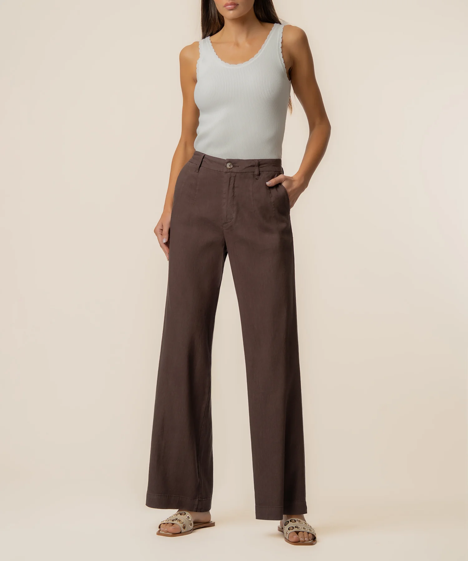 Meg Linen High Rise Wide Straight Leg, Petite in Chocolate