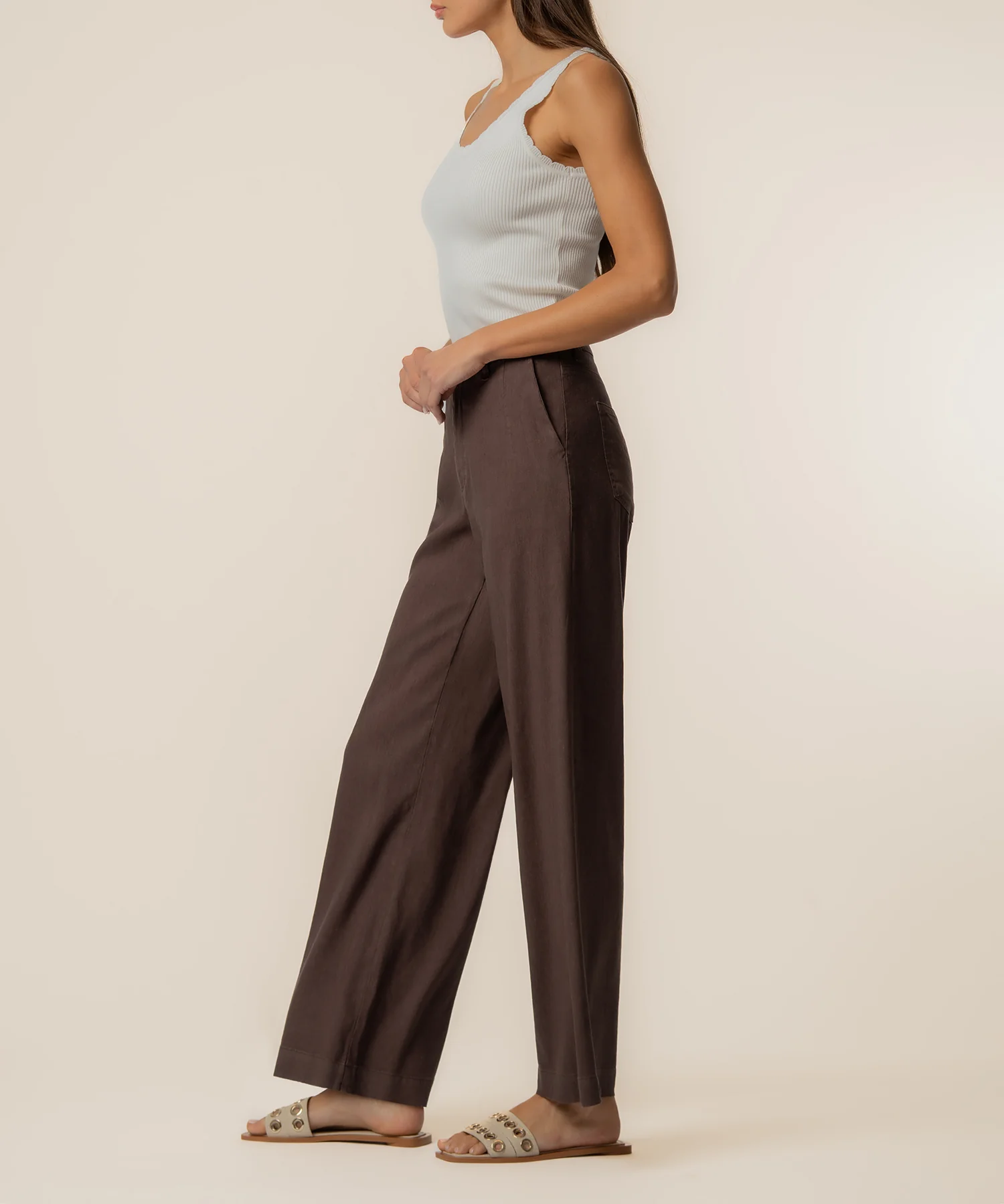 Meg Linen High Rise Wide Straight Leg, Petite in Chocolate - Image 2