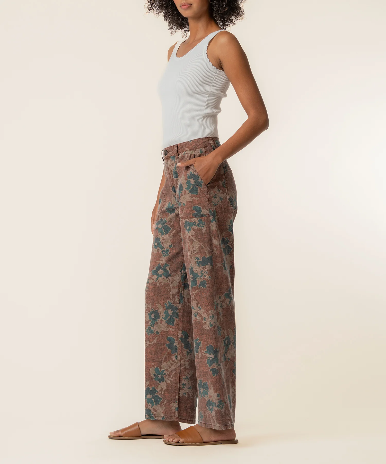 Colette Linen High Waist Straight Leg, Exclusive in Brown/Teal - Image 2