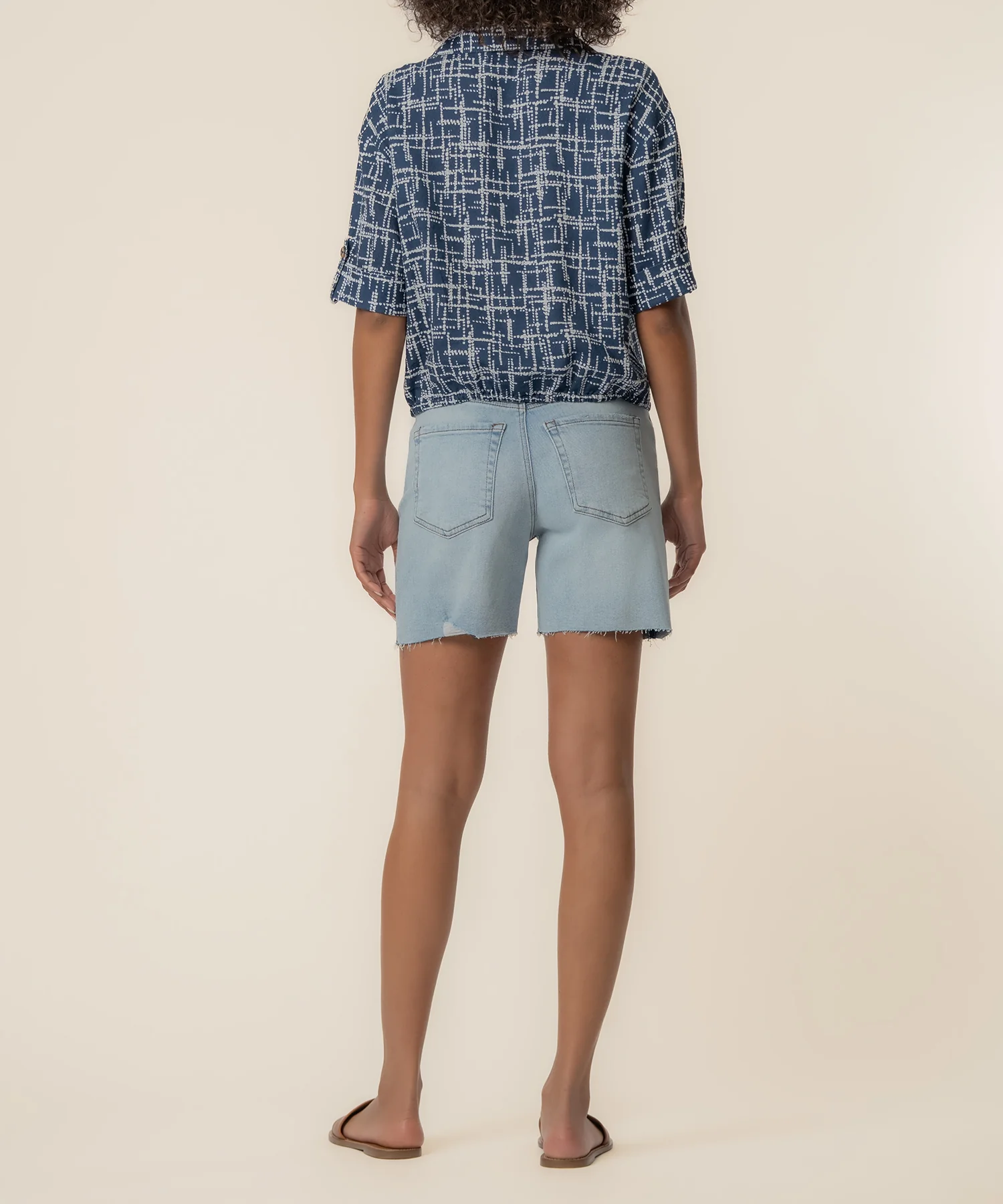 Rebel Linen Knot Front Shirt in Leeds Navy/Ivory - Image 3